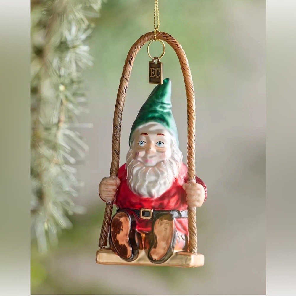 Anthro Gnome on Swing Glass Ornament 5.5”